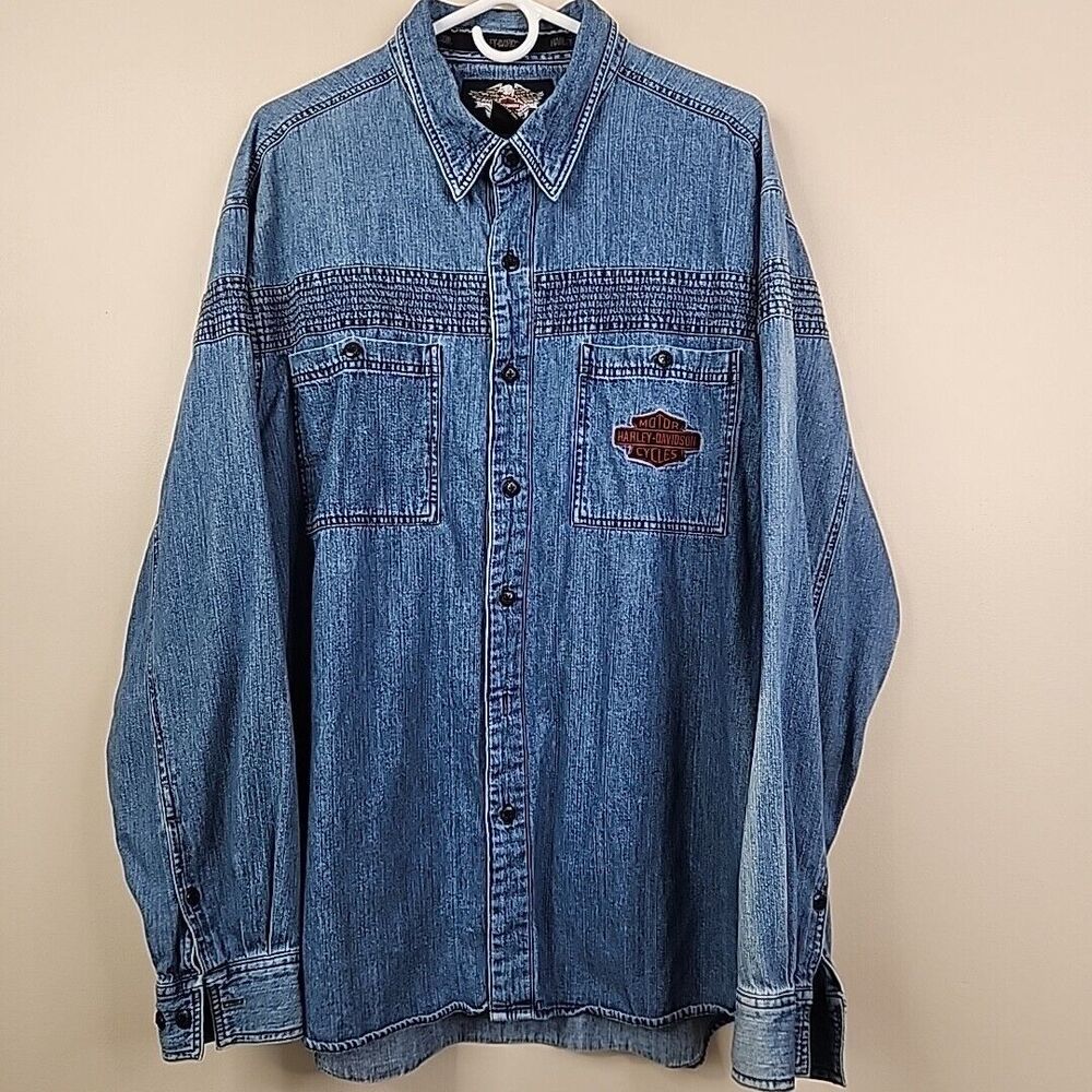 Vintage 2004 Harley-Davidson Long Sleeve Embroidered Patch Logo Denim Shacket XL